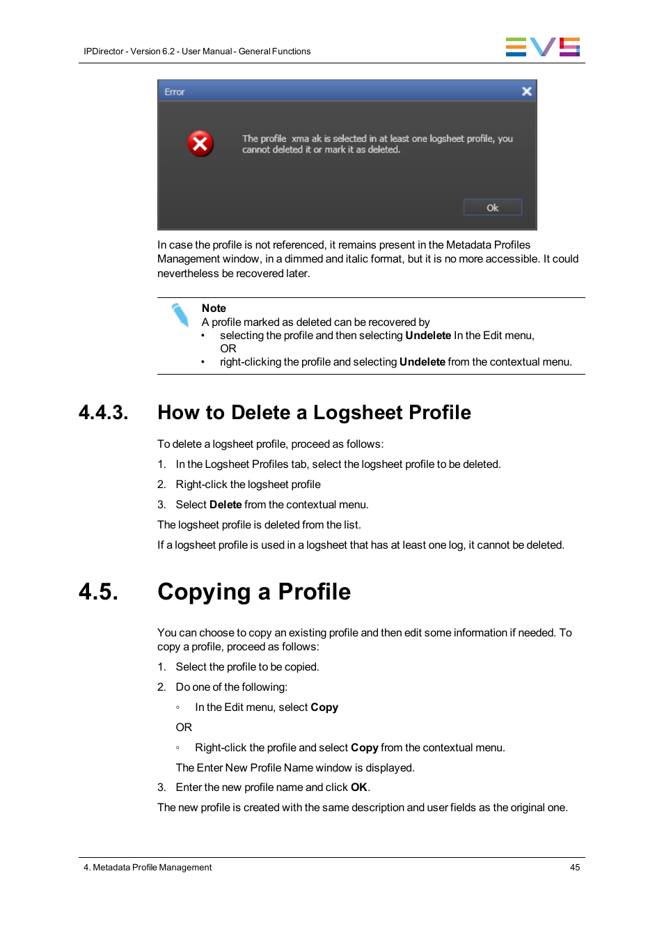 How to delete a logsheet profile, Copying a profile | EVS IPDirector Version 6.2 - June 2013 GENERAL FUNCTIONS User Manual User Manual | Page 57 / 174