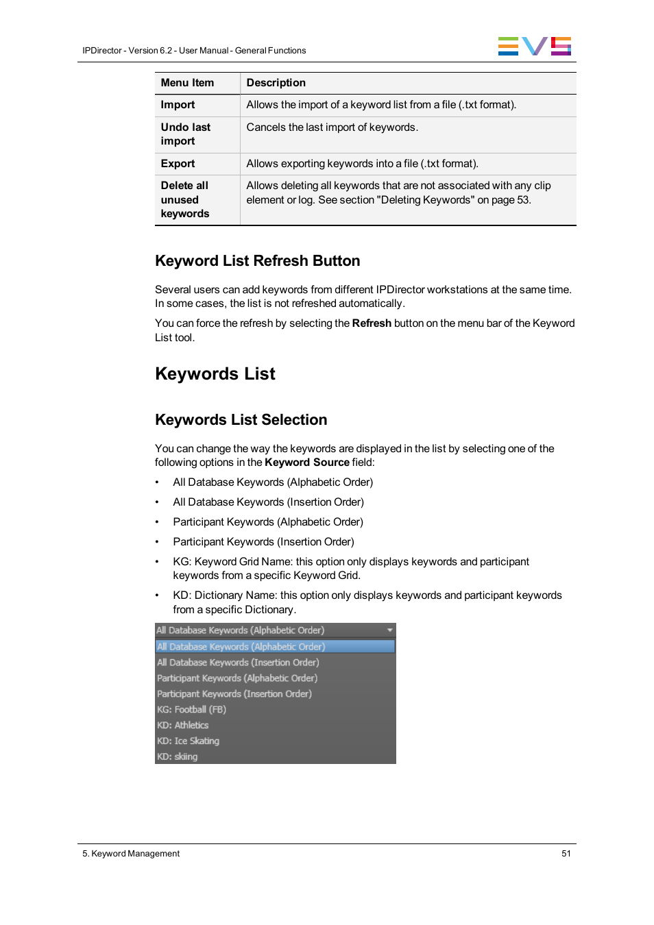 Keywords list, Keyword list refresh button, Keywords list selection | EVS IPDirector Version 6.2 - June 2013 GENERAL FUNCTIONS User Manual User Manual | Page 63 / 174