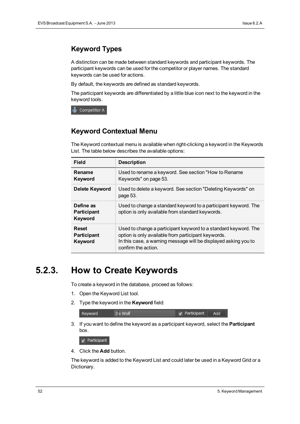 How to create keywords, Keyword types, Keyword contextual menu | EVS IPDirector Version 6.2 - June 2013 GENERAL FUNCTIONS User Manual User Manual | Page 64 / 174