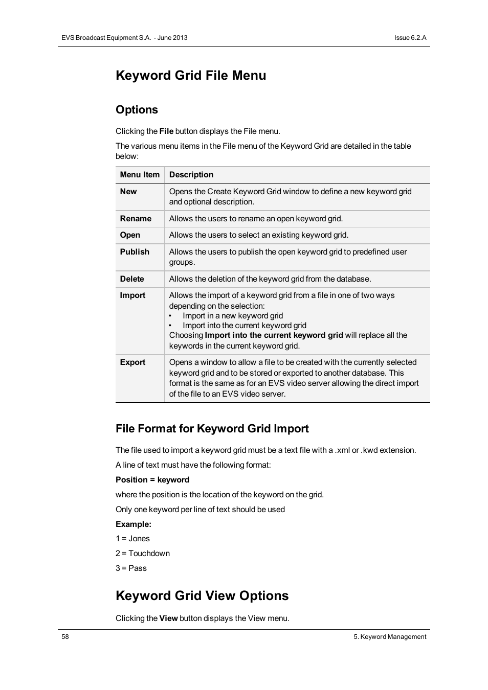 Keyword grid file menu, Keyword grid view options, Options | File format for keyword grid import | EVS IPDirector Version 6.2 - June 2013 GENERAL FUNCTIONS User Manual User Manual | Page 70 / 174