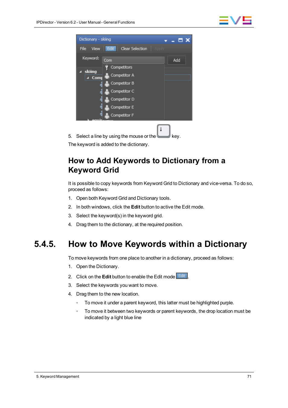 How to move keywords within a dictionary | EVS IPDirector Version 6.2 - June 2013 GENERAL FUNCTIONS User Manual User Manual | Page 83 / 174
