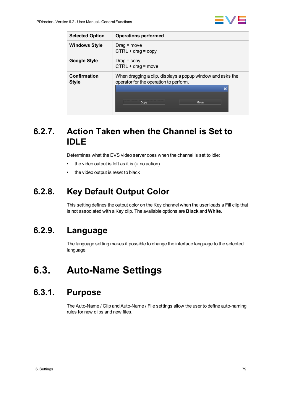 Action taken when the channel is set to idle, Key default output color, Language | Auto-name settings, Purpose | EVS IPDirector Version 6.2 - June 2013 GENERAL FUNCTIONS User Manual User Manual | Page 91 / 174