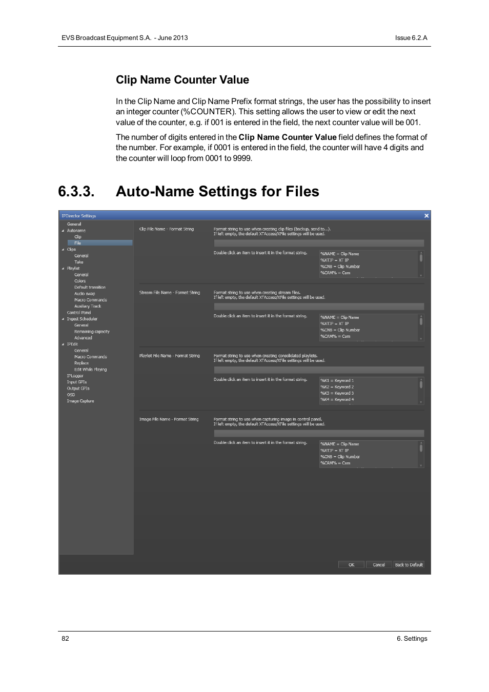 Auto-name settings for files, Clip name counter value | EVS IPDirector Version 6.2 - June 2013 GENERAL FUNCTIONS User Manual User Manual | Page 94 / 174