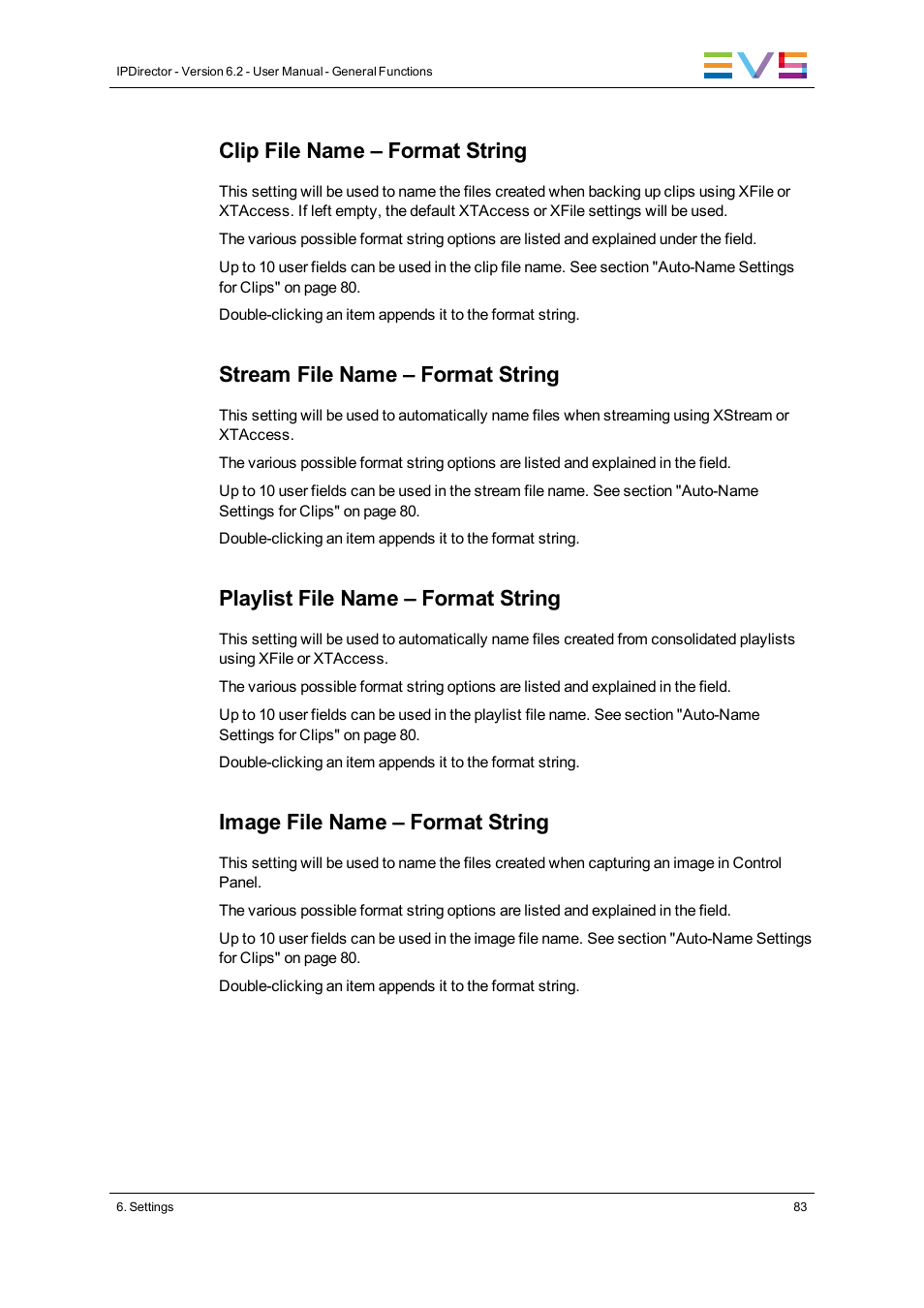 Clip file name – format string, Stream file name – format string, Playlist file name – format string | Image file name – format string | EVS IPDirector Version 6.2 - June 2013 GENERAL FUNCTIONS User Manual User Manual | Page 95 / 174