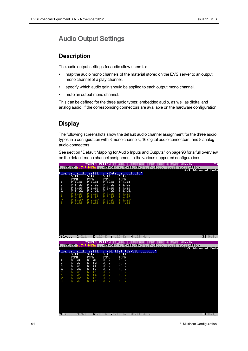 Audio embedded outputs, Audio digital outputs (aes/ebu), Audio analog outputs | Audio output settings, Description, Display | EVS XSnano Version 11.01 - November 2012 Configuration Manual User Manual | Page 101 / 168