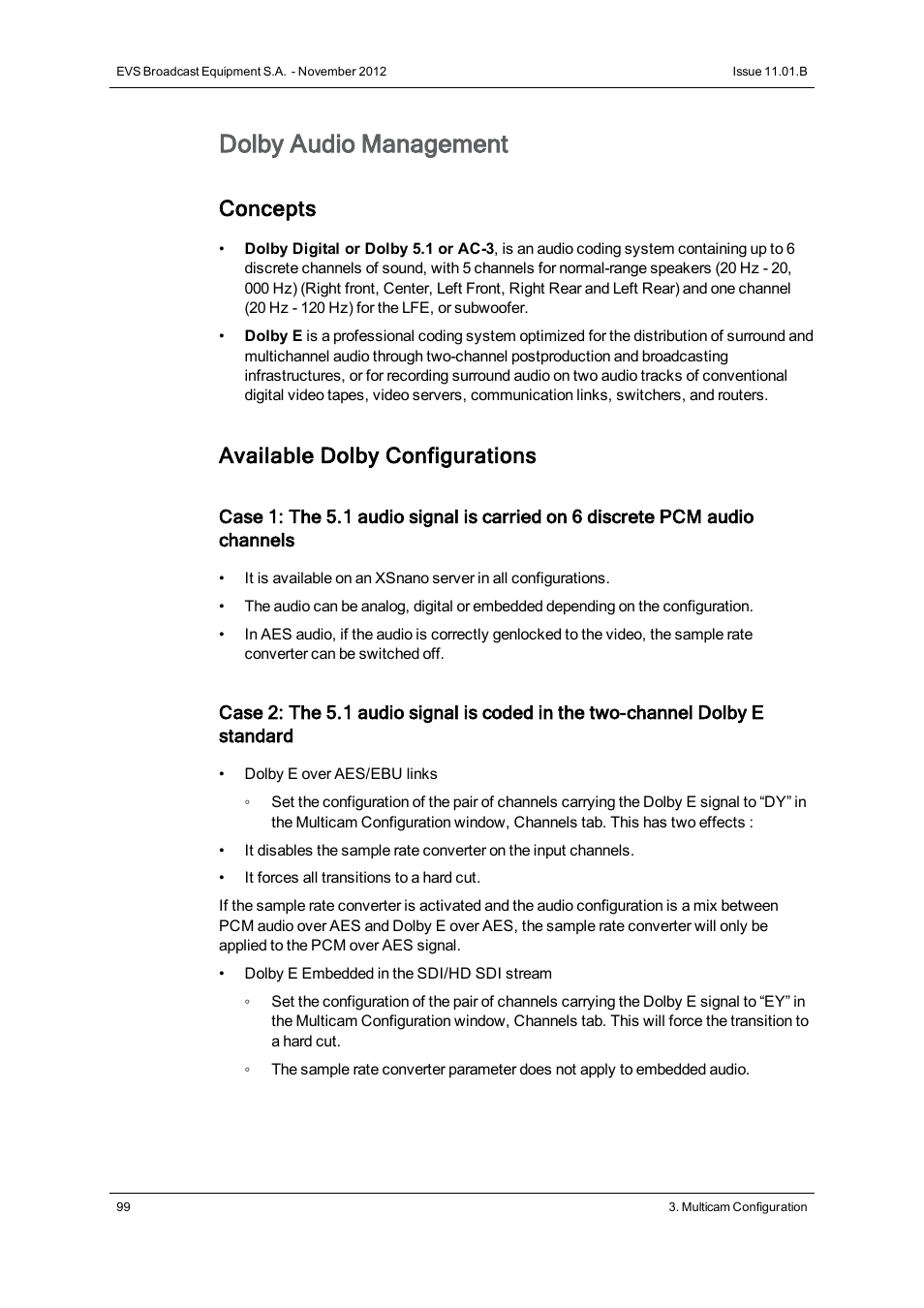 Dolby audio management, Concepts, Available dolby configurations | EVS XSnano Version 11.01 - November 2012 Configuration Manual User Manual | Page 109 / 168