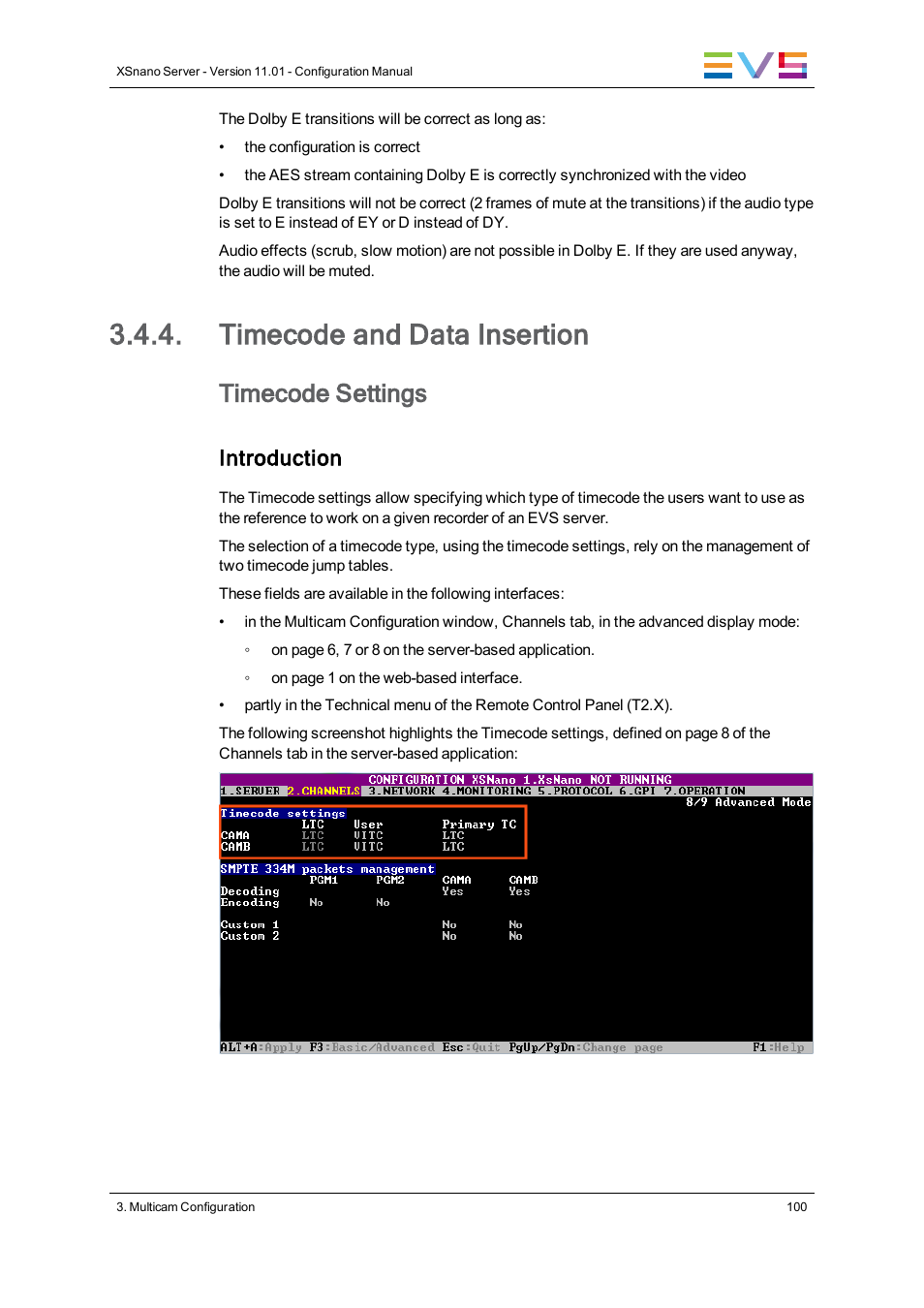 Timecode and data insertion, Timecode settings, Introduction | EVS XSnano Version 11.01 - November 2012 Configuration Manual User Manual | Page 110 / 168