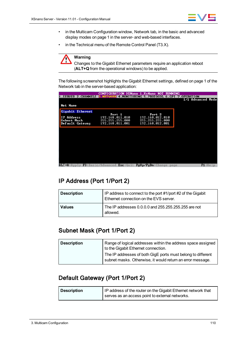 Ip address (port 1/port 2), Subnet mask (port 1/port 2), Default gateway (port 1/port 2) | EVS XSnano Version 11.01 - November 2012 Configuration Manual User Manual | Page 120 / 168
