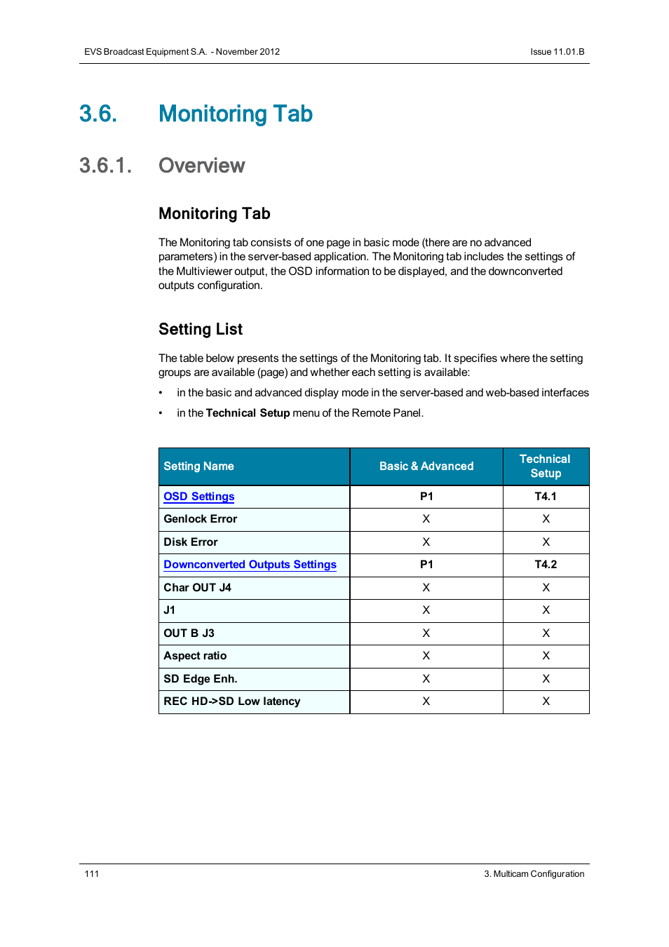 Monitoring tab, Overview, Monitoring settings | Setting list | EVS XSnano Version 11.01 - November 2012 Configuration Manual User Manual | Page 121 / 168
