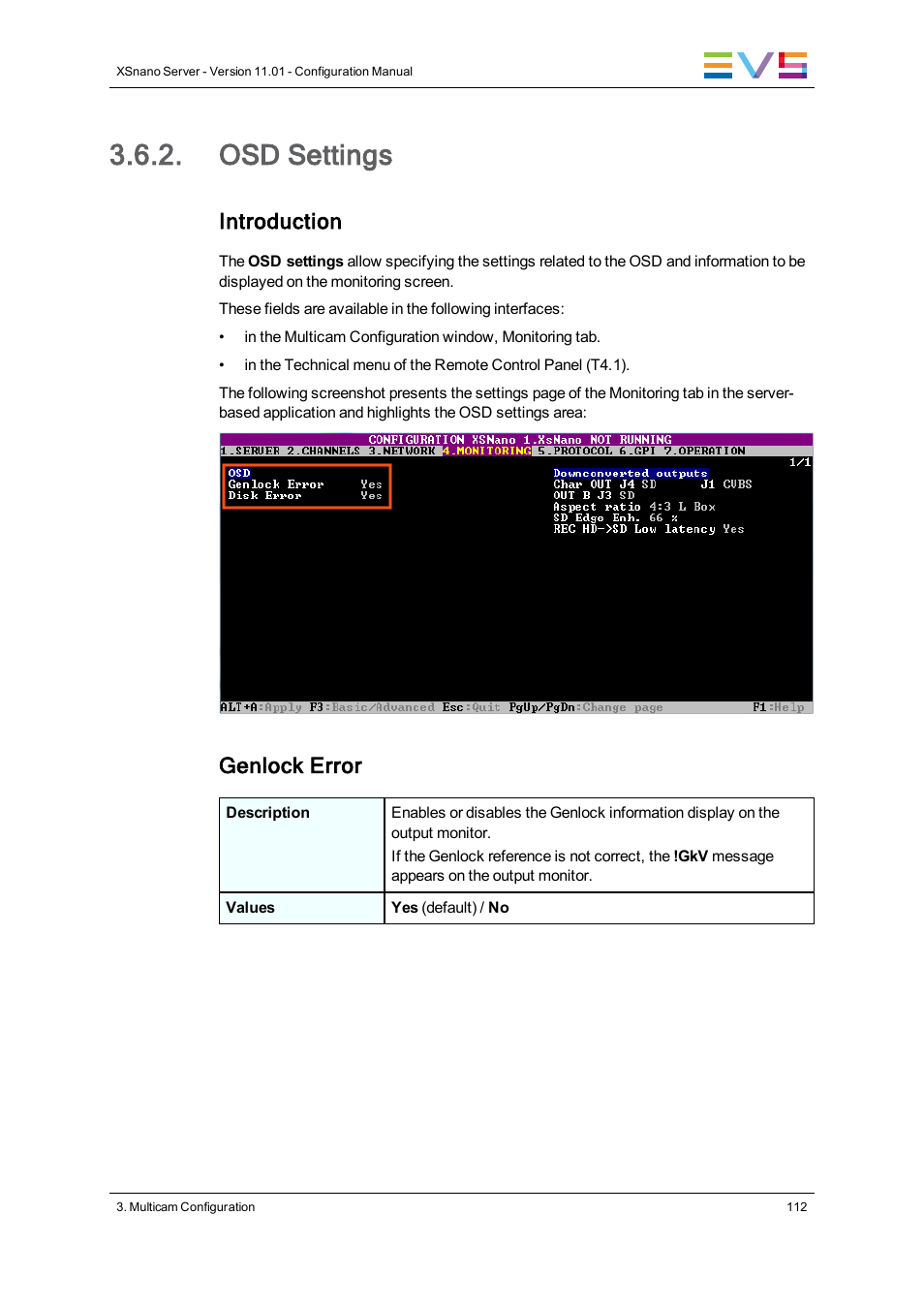 Osd settings, Introduction, Genlock error | EVS XSnano Version 11.01 - November 2012 Configuration Manual User Manual | Page 122 / 168