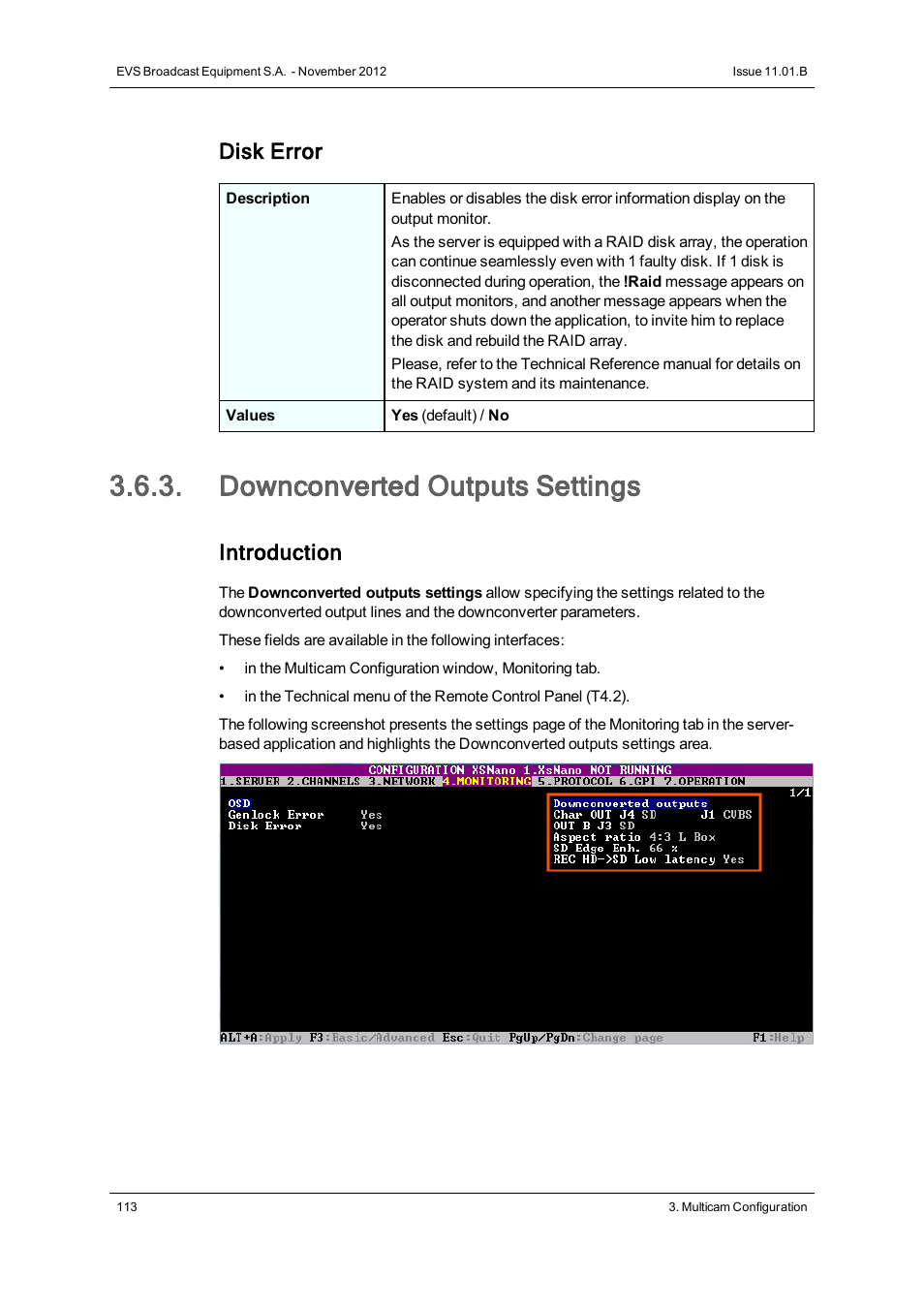 Downconverted outputs settings, Disk error, Introduction | EVS XSnano Version 11.01 - November 2012 Configuration Manual User Manual | Page 123 / 168