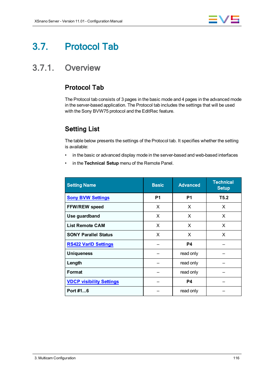 Protocol tab, Overview, Protocol settings | Setting list | EVS XSnano Version 11.01 - November 2012 Configuration Manual User Manual | Page 126 / 168