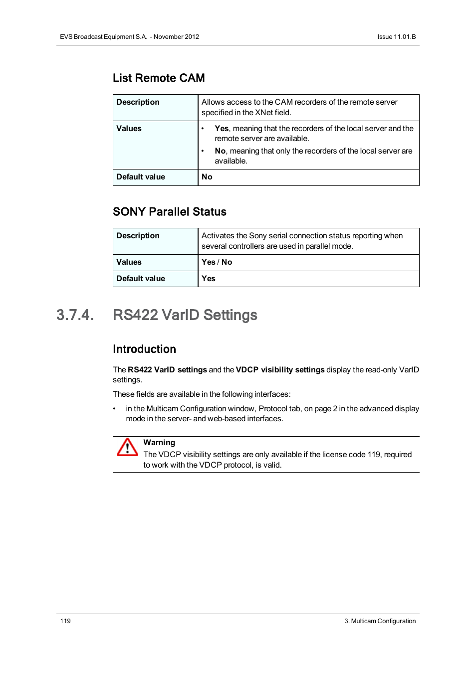 Rs422 varid settings, List remote cam, Sony parallel status | Introduction | EVS XSnano Version 11.01 - November 2012 Configuration Manual User Manual | Page 129 / 168