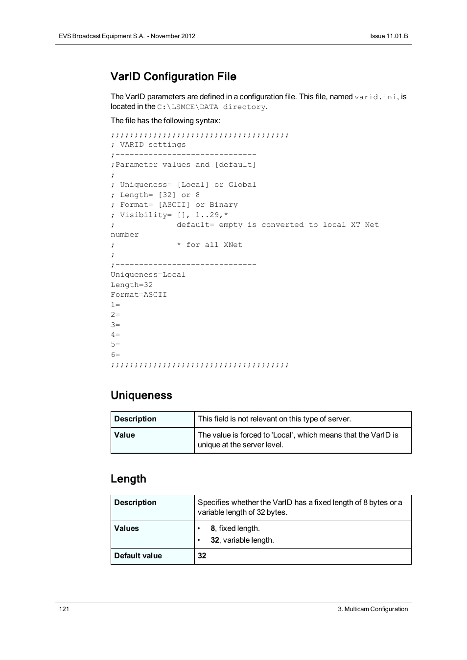 Varid configuration file, Uniqueness, Length | EVS XSnano Version 11.01 - November 2012 Configuration Manual User Manual | Page 131 / 168