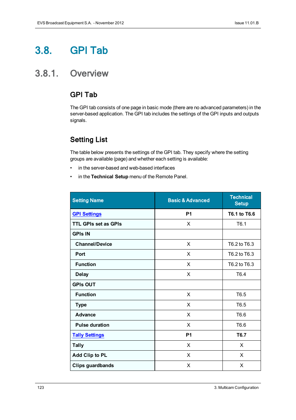 Gpi tab, Overview, Gpi settings | Setting list | EVS XSnano Version 11.01 - November 2012 Configuration Manual User Manual | Page 133 / 168