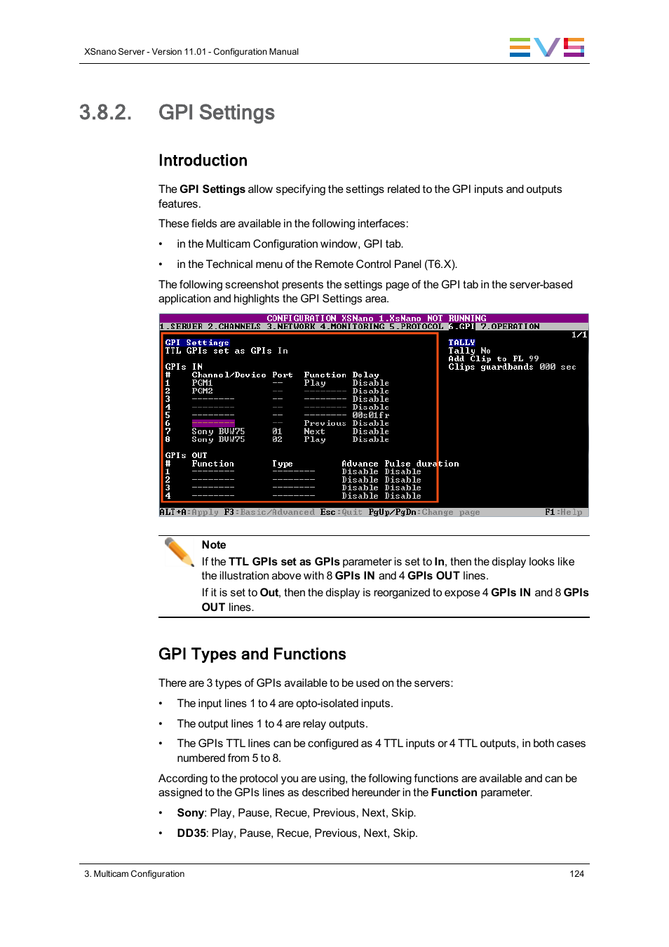 Gpi settings, Introduction, Gpi types and functions | EVS XSnano Version 11.01 - November 2012 Configuration Manual User Manual | Page 134 / 168