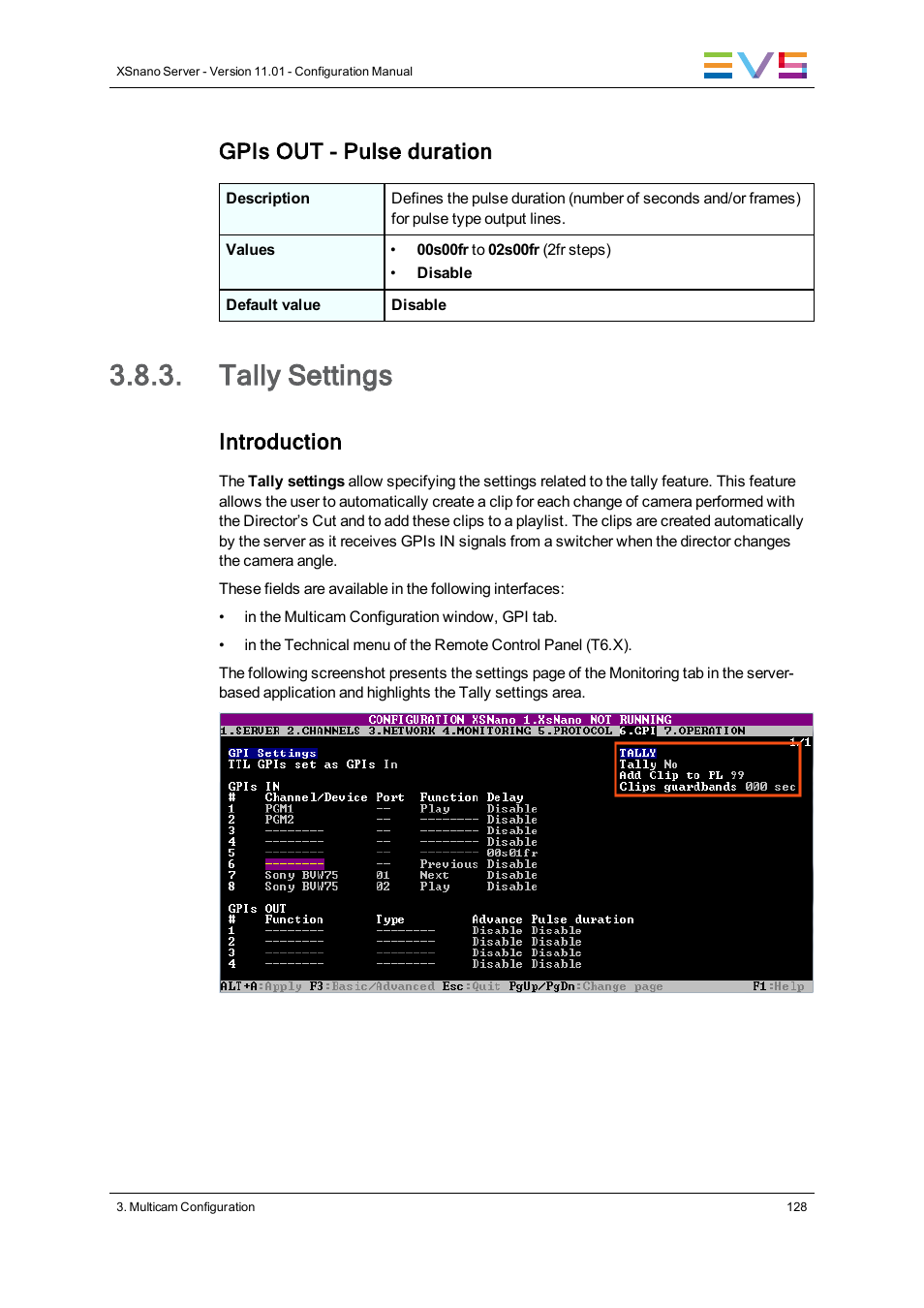 Tally settings, Gpis out - pulse duration, Introduction | EVS XSnano Version 11.01 - November 2012 Configuration Manual User Manual | Page 138 / 168