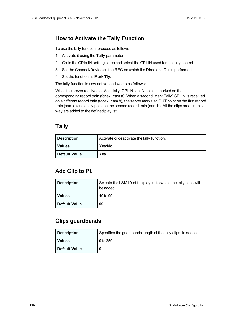 How to activate the tally function, Tally, Add clip to pl | Clips guardbands | EVS XSnano Version 11.01 - November 2012 Configuration Manual User Manual | Page 139 / 168
