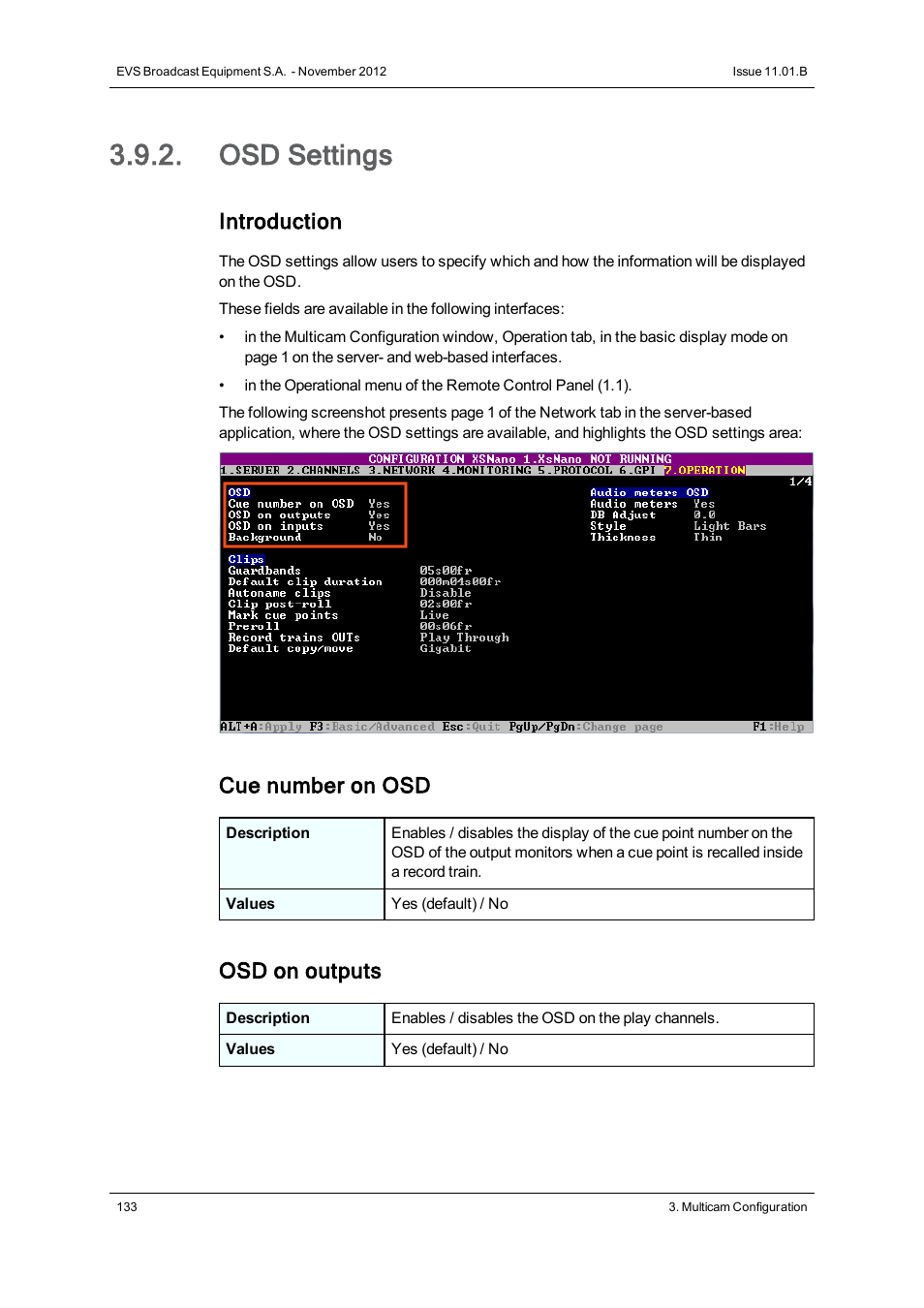 Osd settings, Introduction, Cue number on osd | Osd on outputs | EVS XSnano Version 11.01 - November 2012 Configuration Manual User Manual | Page 143 / 168