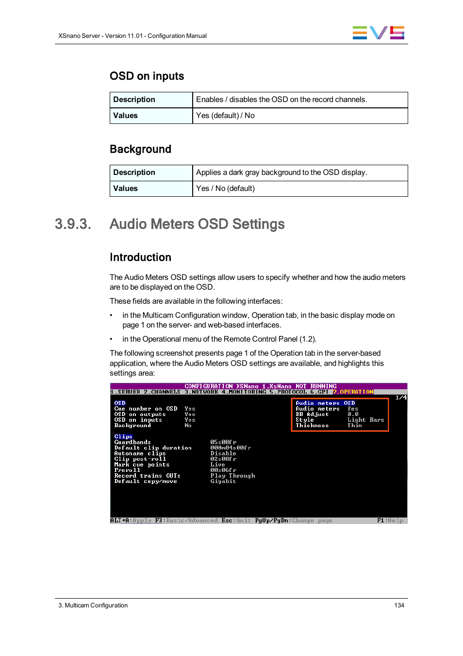 Audio meters osd settings, Osd on inputs, Background | Introduction | EVS XSnano Version 11.01 - November 2012 Configuration Manual User Manual | Page 144 / 168