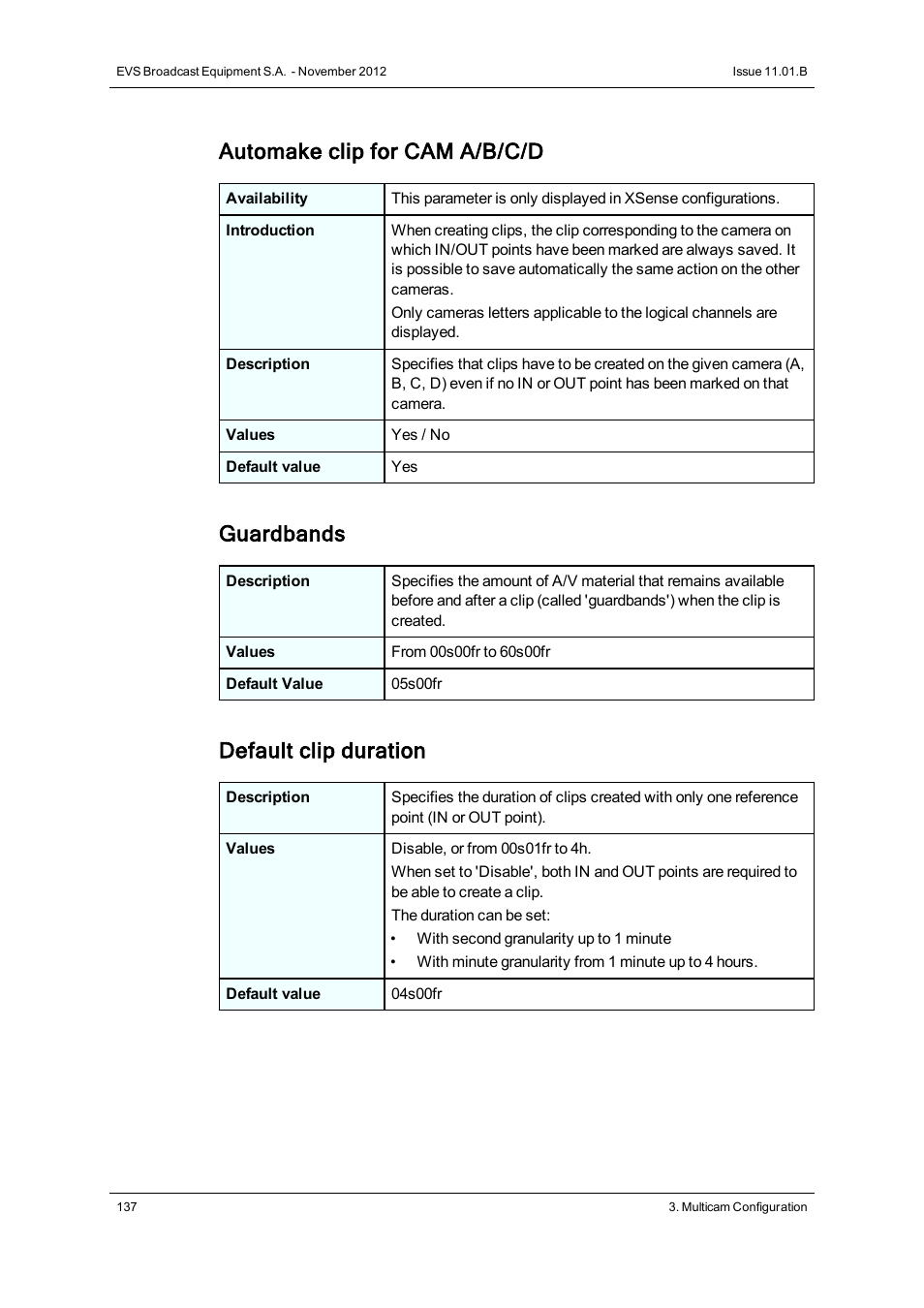 Automake clip for cam a/b/c/d, Guardbands, Default clip duration | EVS XSnano Version 11.01 - November 2012 Configuration Manual User Manual | Page 147 / 168
