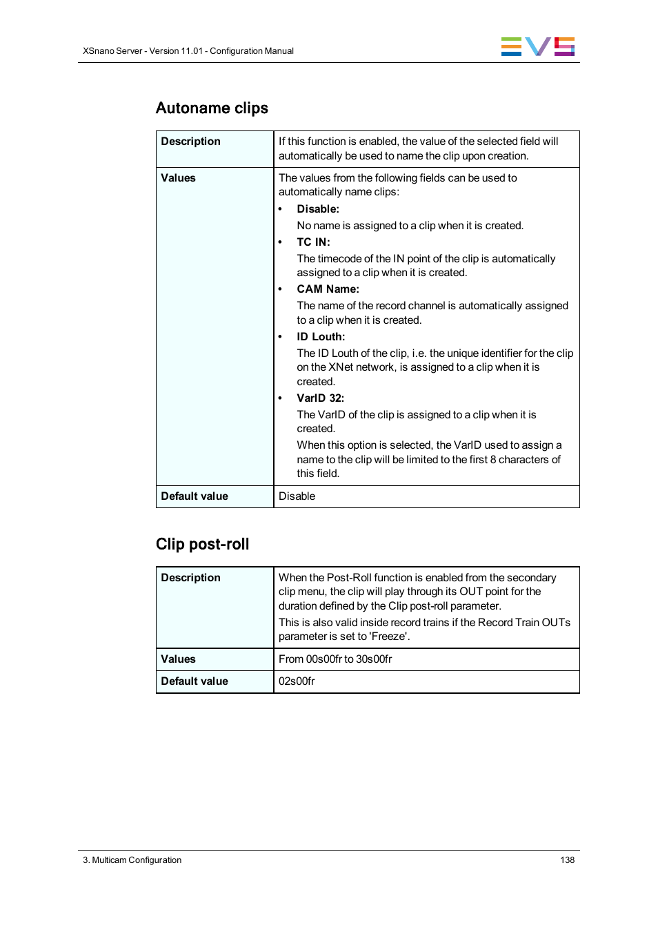 Autoname clips, Clip post-roll | EVS XSnano Version 11.01 - November 2012 Configuration Manual User Manual | Page 148 / 168