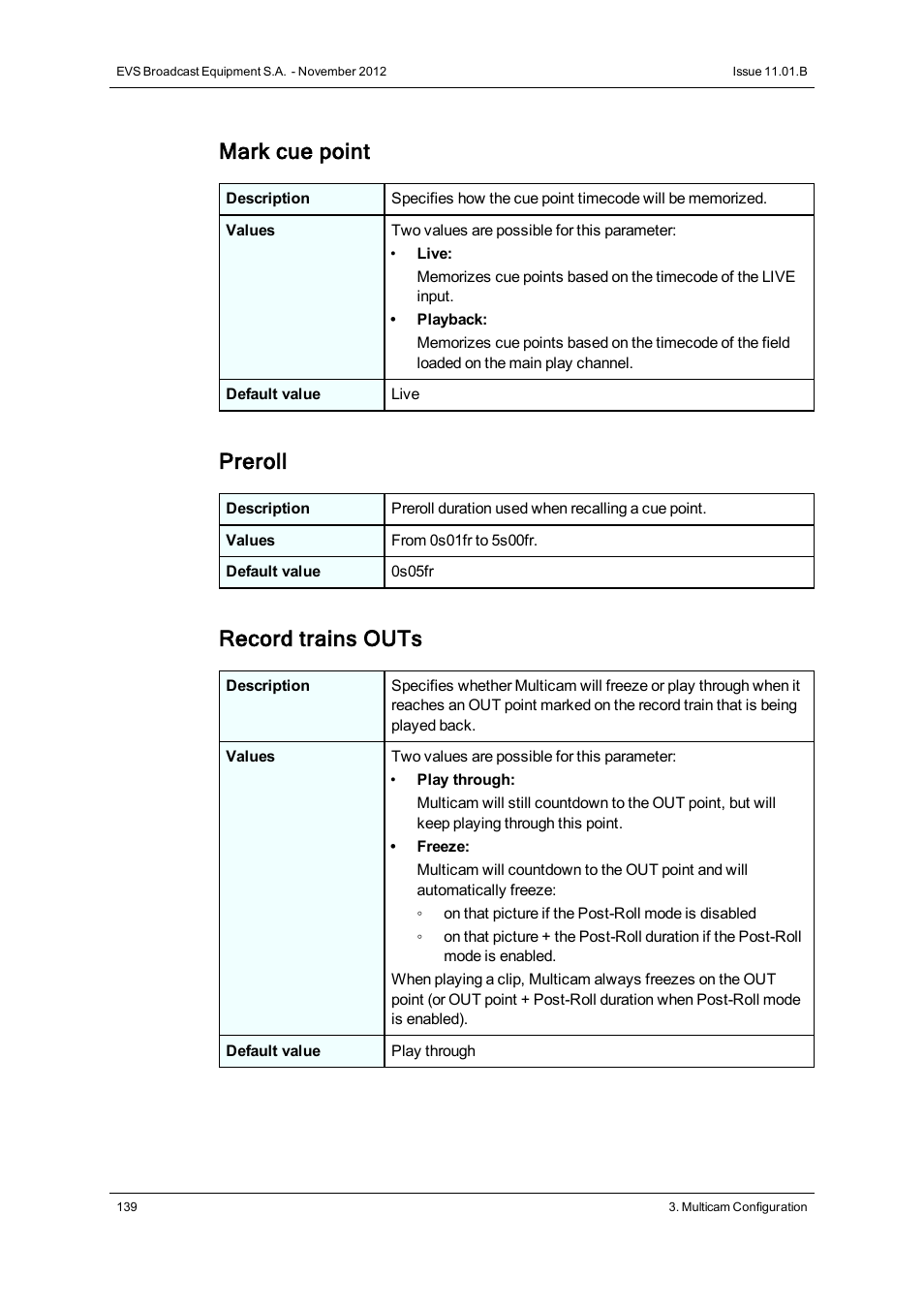 Mark cue point, Preroll, Record trains outs | EVS XSnano Version 11.01 - November 2012 Configuration Manual User Manual | Page 149 / 168