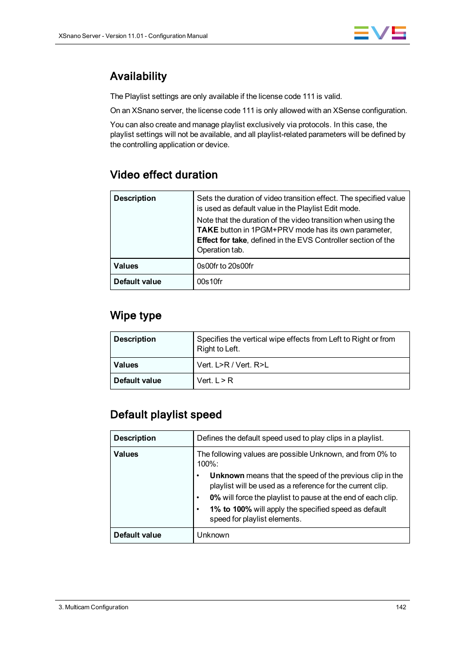Availability, Video effect duration, Wipe type | Default playlist speed | EVS XSnano Version 11.01 - November 2012 Configuration Manual User Manual | Page 152 / 168