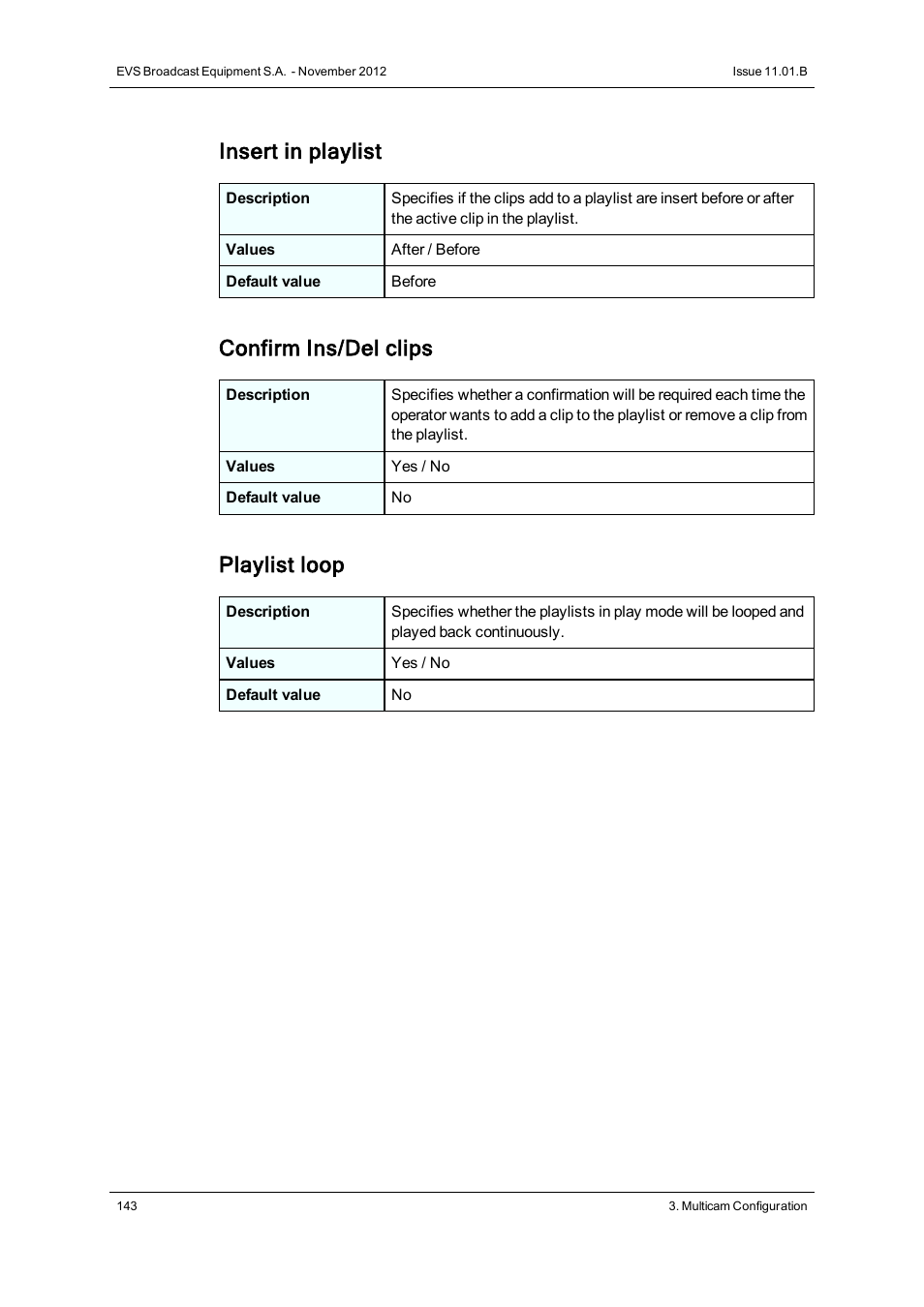 Insert in playlist, Confirm ins/del clips, Playlist loop | EVS XSnano Version 11.01 - November 2012 Configuration Manual User Manual | Page 153 / 168