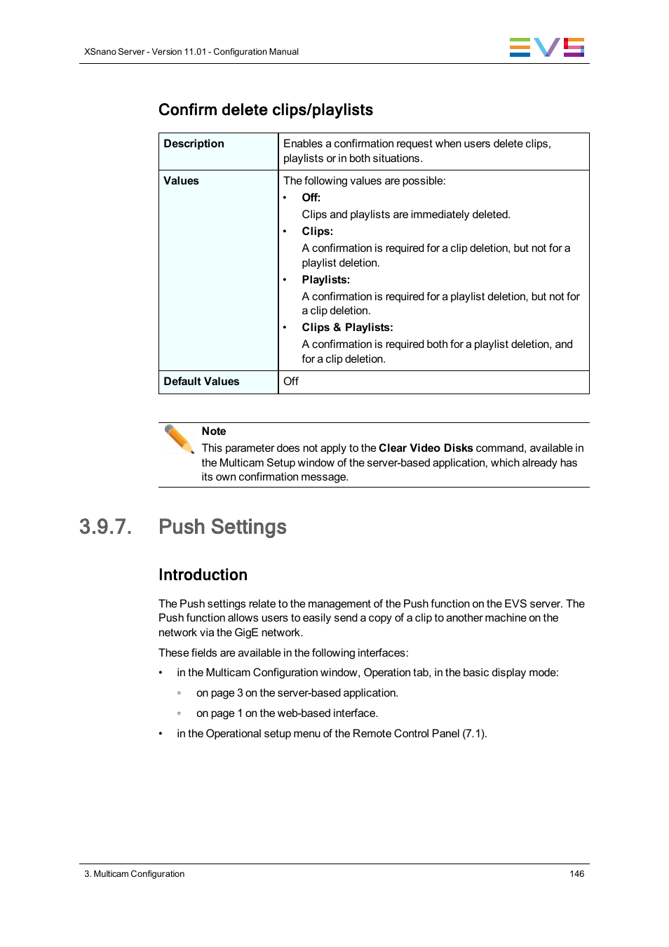 Push settings, Confirm delete clips/playlists, Introduction | EVS XSnano Version 11.01 - November 2012 Configuration Manual User Manual | Page 156 / 168