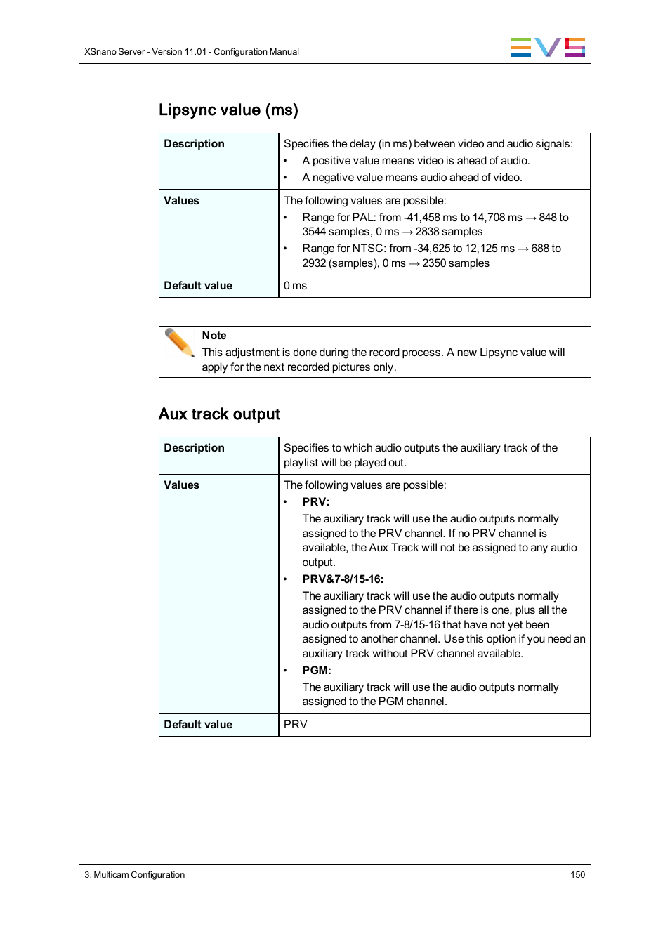 Lipsync value (ms), Aux track output | EVS XSnano Version 11.01 - November 2012 Configuration Manual User Manual | Page 160 / 168
