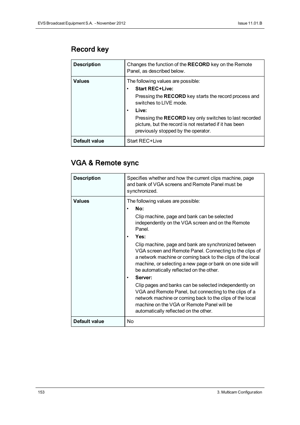 Record key, Vga & remote sync | EVS XSnano Version 11.01 - November 2012 Configuration Manual User Manual | Page 163 / 168
