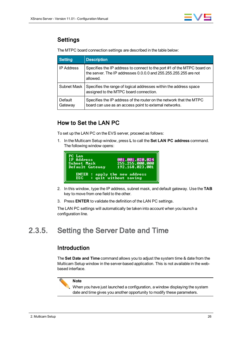 Setting the server date and time, Set date and time, Settings | How to set the lan pc, Introduction | EVS XSnano Version 11.01 - November 2012 Configuration Manual User Manual | Page 36 / 168