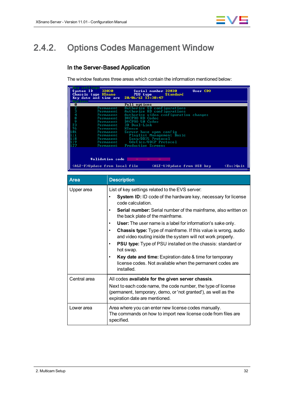 Options codes management window | EVS XSnano Version 11.01 - November 2012 Configuration Manual User Manual | Page 42 / 168