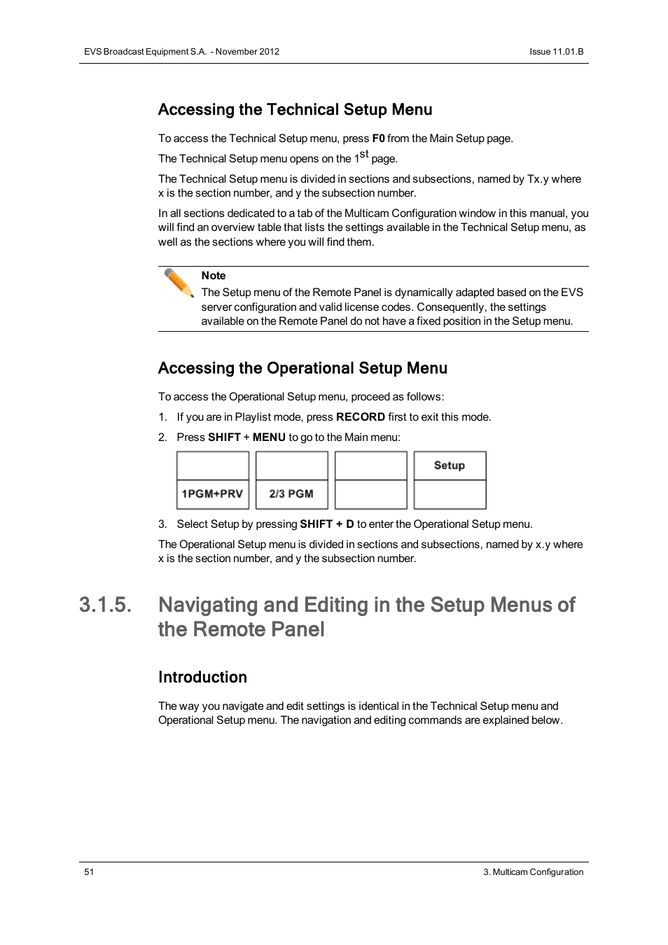 Accessing the technical setup menu, Accessing the operational setup menu, Introduction | EVS XSnano Version 11.01 - November 2012 Configuration Manual User Manual | Page 61 / 168