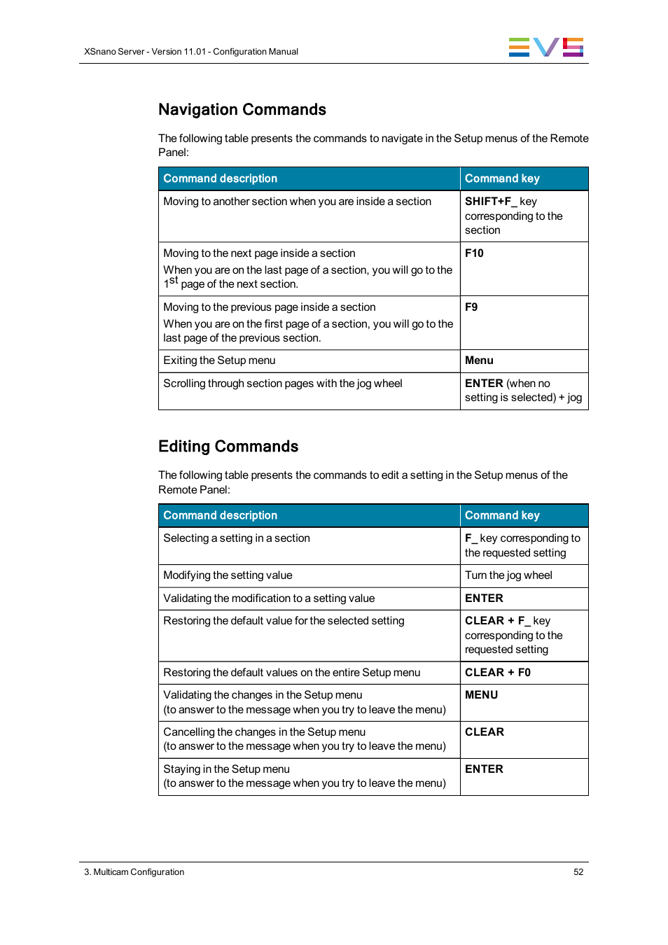 Navigation commands, Editing commands | EVS XSnano Version 11.01 - November 2012 Configuration Manual User Manual | Page 62 / 168