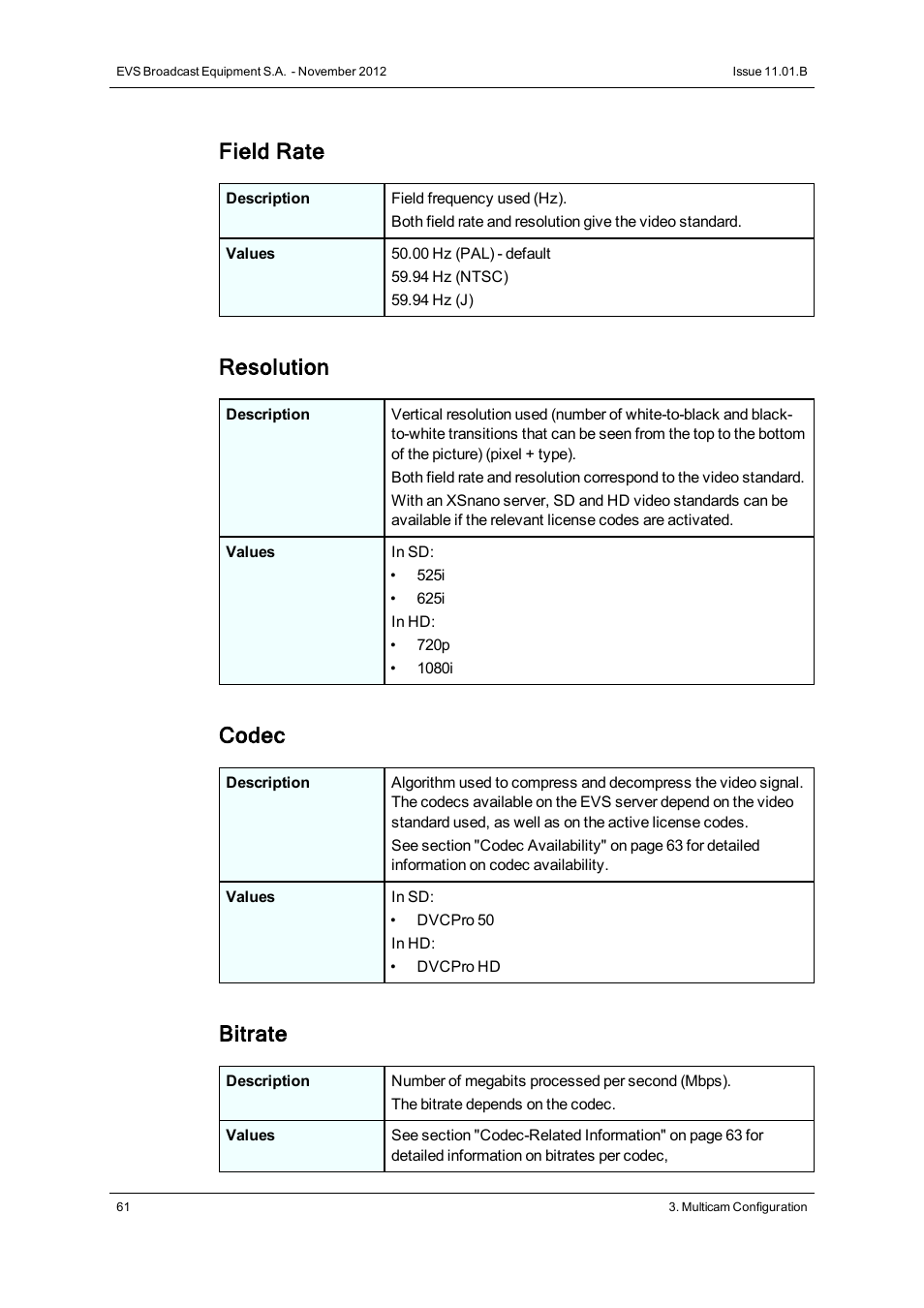 Field rate, Resolution, Codec | Bitrate | EVS XSnano Version 11.01 - November 2012 Configuration Manual User Manual | Page 71 / 168