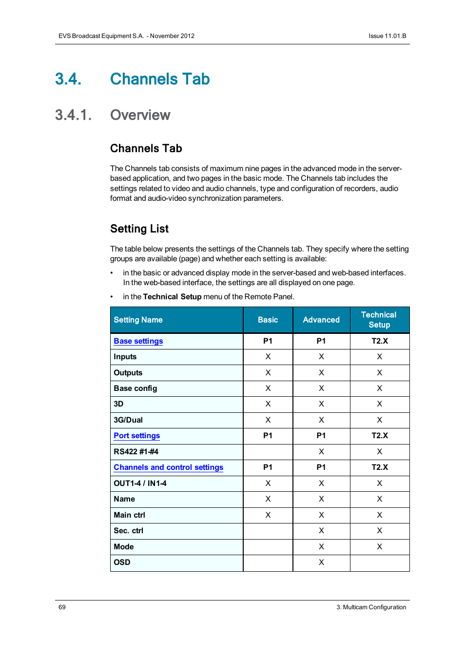 Channels tab, Overview, Channels settings | Setting list | EVS XSnano Version 11.01 - November 2012 Configuration Manual User Manual | Page 79 / 168