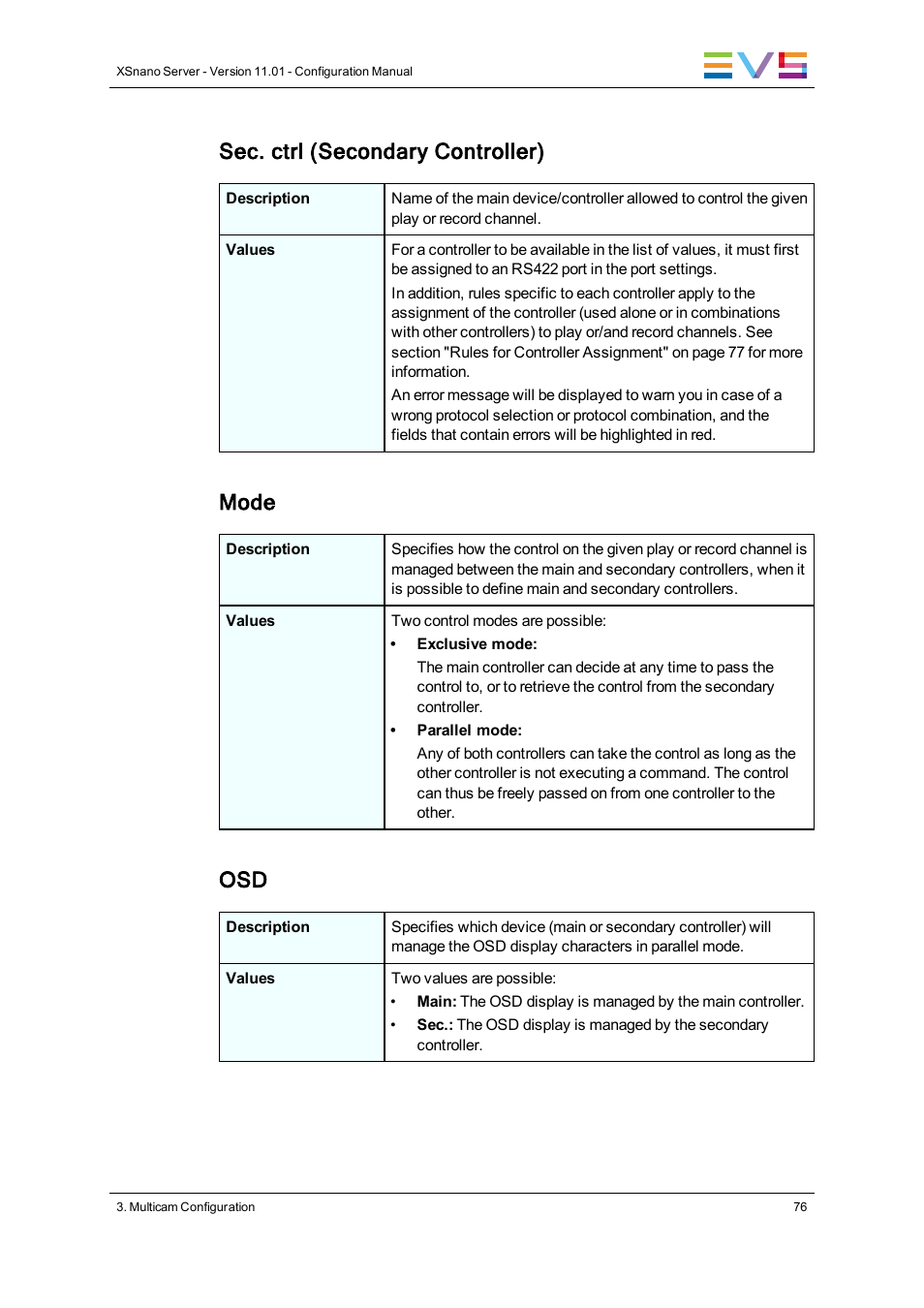 Sec. ctrl (secondary controller), Mode | EVS XSnano Version 11.01 - November 2012 Configuration Manual User Manual | Page 86 / 168
