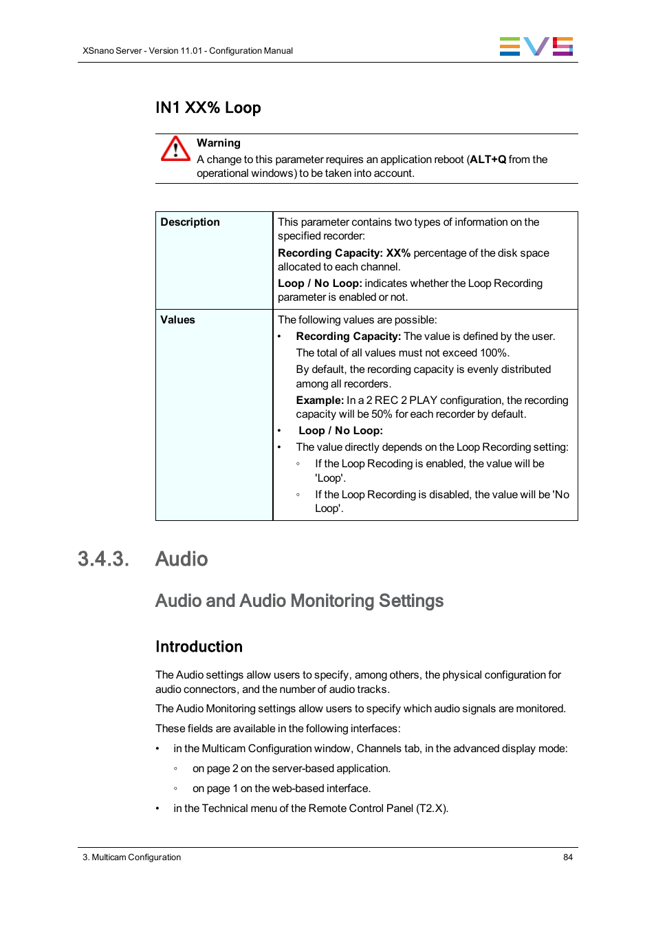 Audio, Audio settings, Audio and audio monitoring settings | In1 xx% loop, Introduction | EVS XSnano Version 11.01 - November 2012 Configuration Manual User Manual | Page 94 / 168