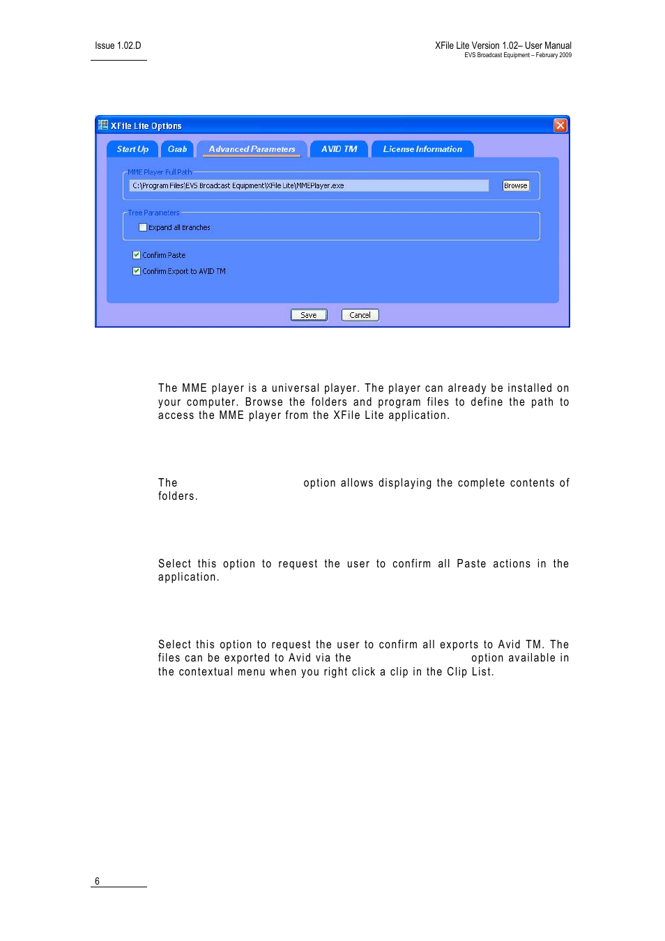 3 advanced parameters tab, Mme player full path, Tree parameters | Confirm paste, Confirm export to avid tm | EVS Xfile Version 1.02 - February 2009 User Manual User Manual | Page 11 / 74