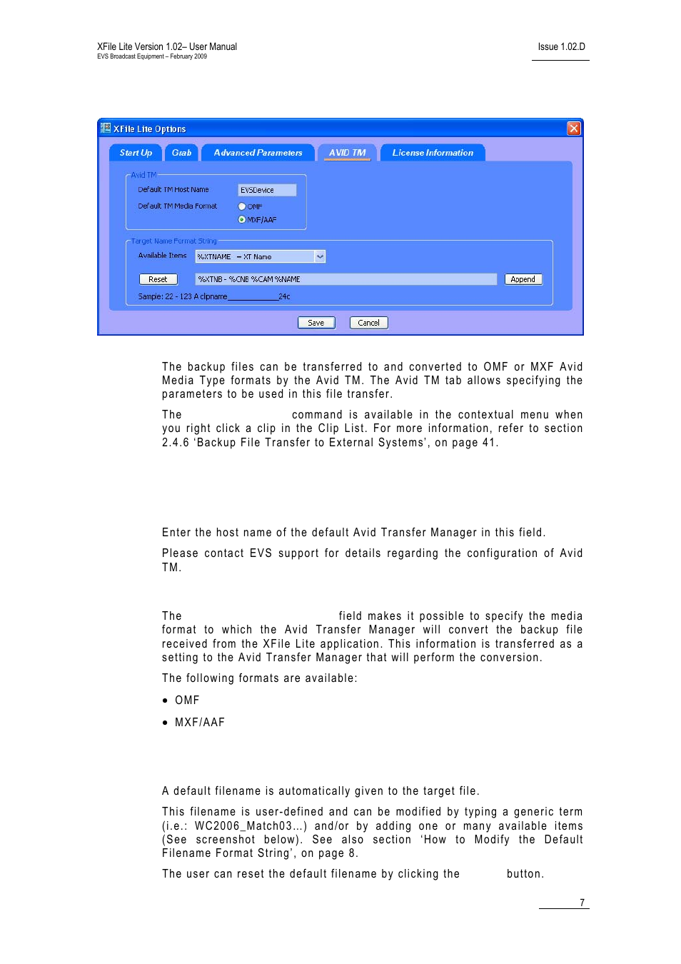 4 avid tm tab, Avid tm area, Default tm host name | Default tm media format, Target name format string | EVS Xfile Version 1.02 - February 2009 User Manual User Manual | Page 12 / 74