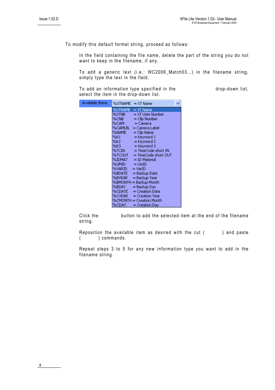 How to modify the default filename format string, How to modify the default, Filename format string | EVS Xfile Version 1.02 - February 2009 User Manual User Manual | Page 13 / 74