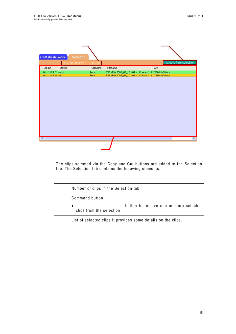Selection tab, Election | EVS Xfile Version 1.02 - February 2009 User Manual User Manual | Page 20 / 74