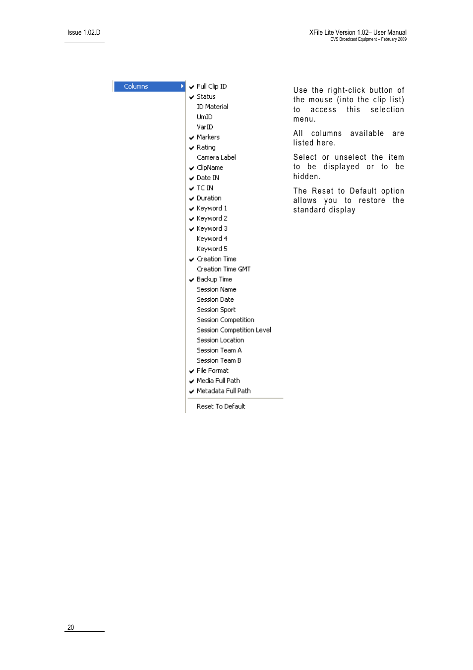 Defining columns displayed in the clip list, Defining columns displayed in the clip list’, o | EVS Xfile Version 1.02 - February 2009 User Manual User Manual | Page 25 / 74