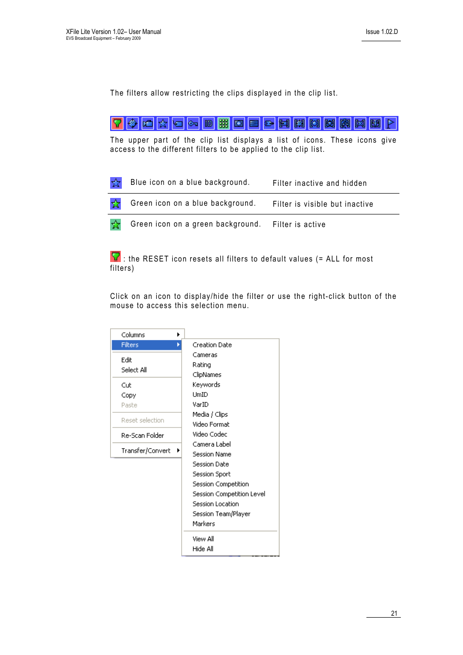 Filters, Ilters | EVS Xfile Version 1.02 - February 2009 User Manual User Manual | Page 26 / 74