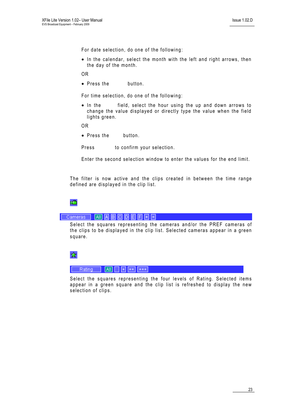 Camera selection, Rating | EVS Xfile Version 1.02 - February 2009 User Manual User Manual | Page 28 / 74