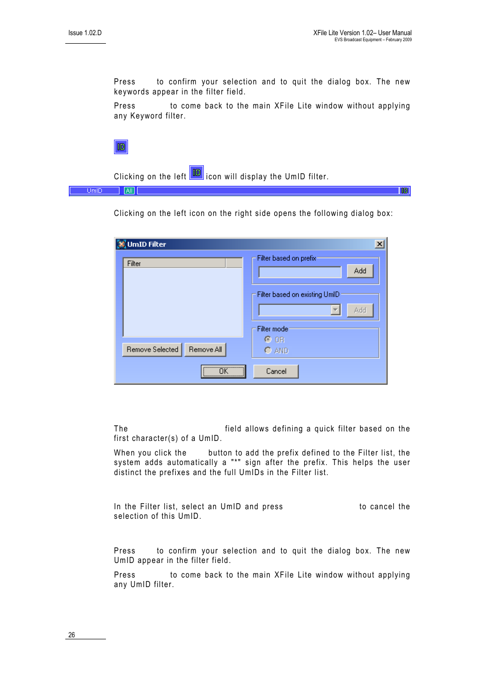 Ok / cancel, Umid, Filter based on prefix | Remove selected, Ok/cancel | EVS Xfile Version 1.02 - February 2009 User Manual User Manual | Page 31 / 74