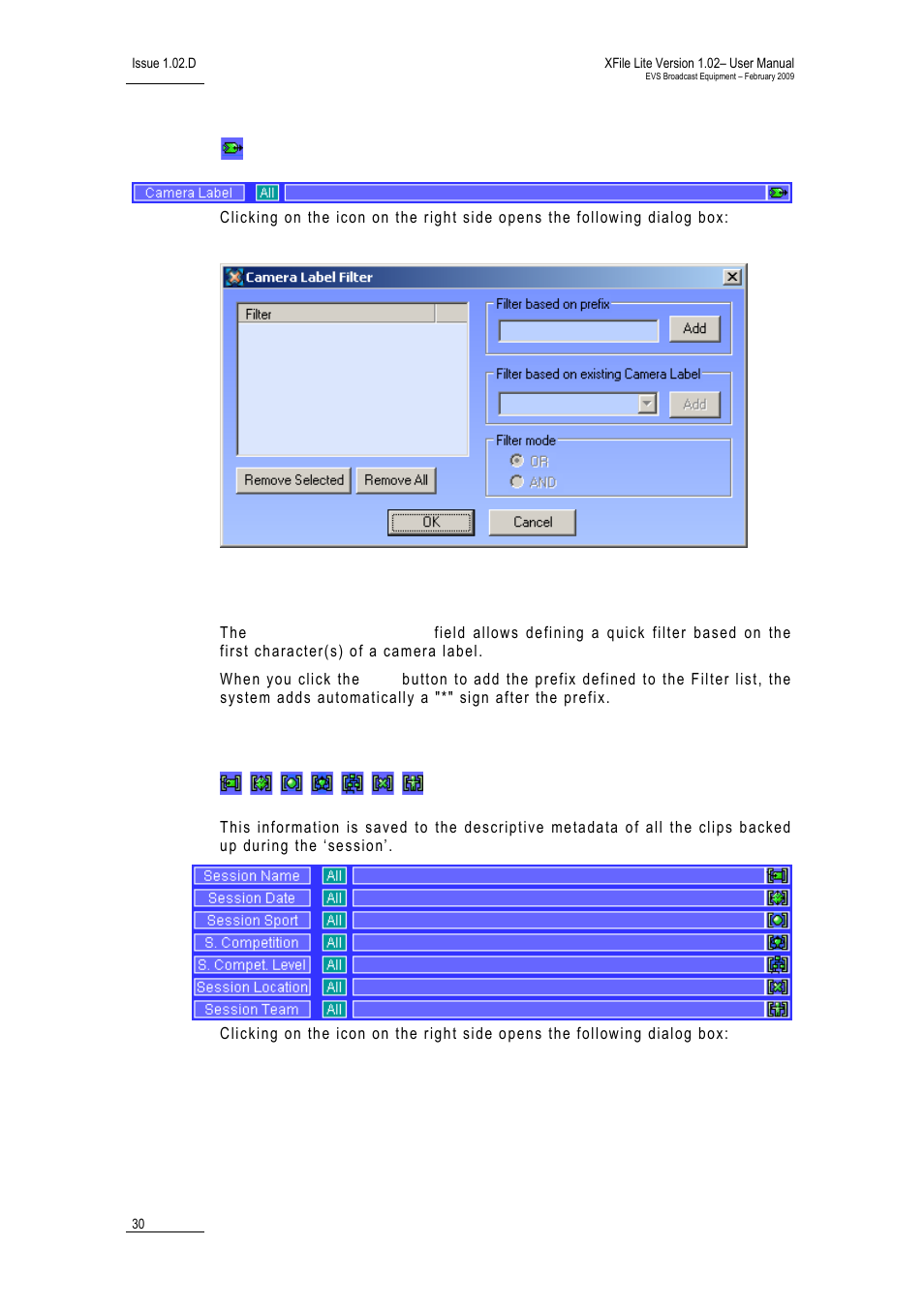 Camera label, Filter based on prefix, Session filters | EVS Xfile Version 1.02 - February 2009 User Manual User Manual | Page 35 / 74