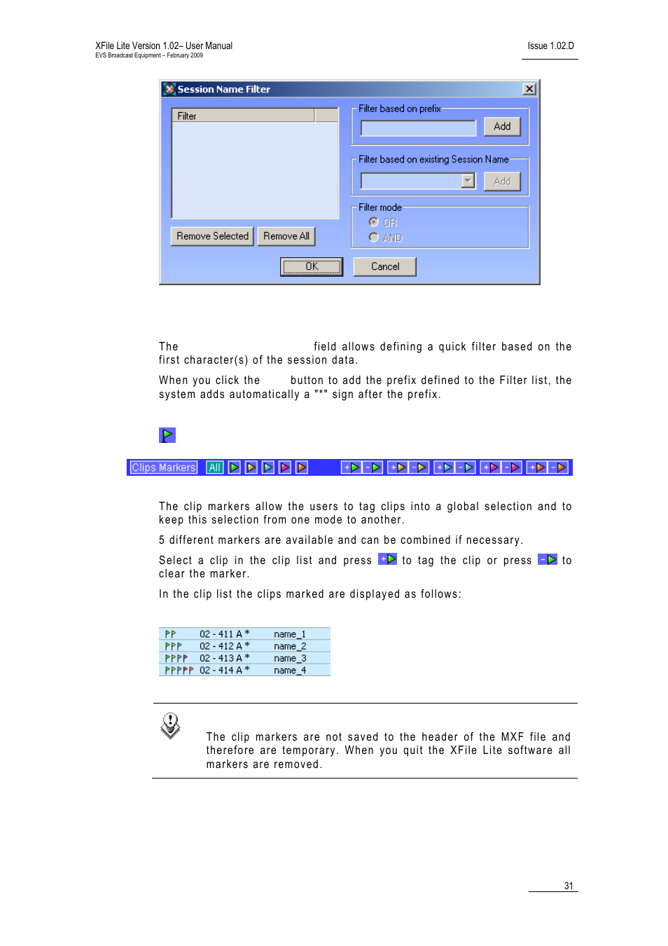 Filter based on prefix, Clip markers | EVS Xfile Version 1.02 - February 2009 User Manual User Manual | Page 36 / 74